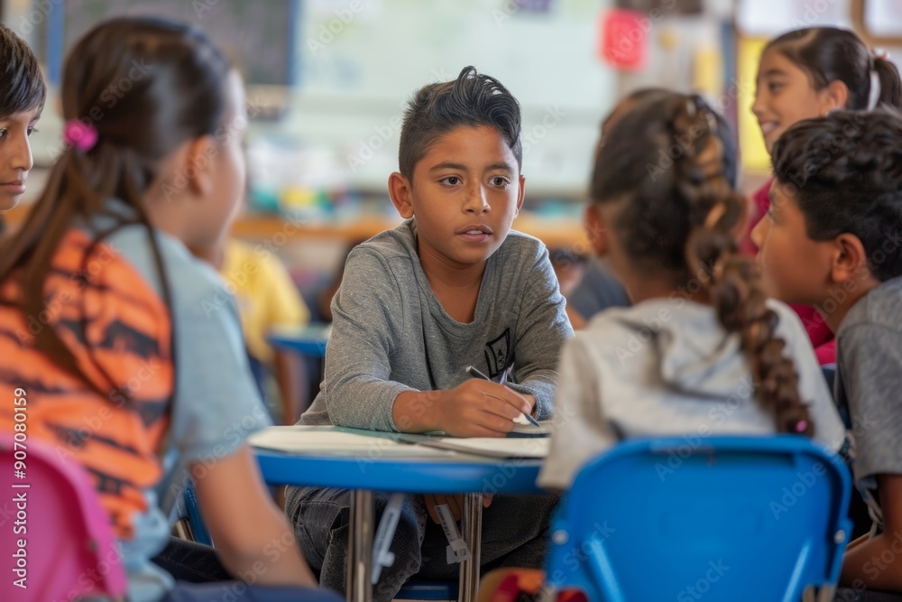 Obraz premium Diverse Students Engaged in Group Discussion During Classroom Activity - Educational and Interactive Learning Scene