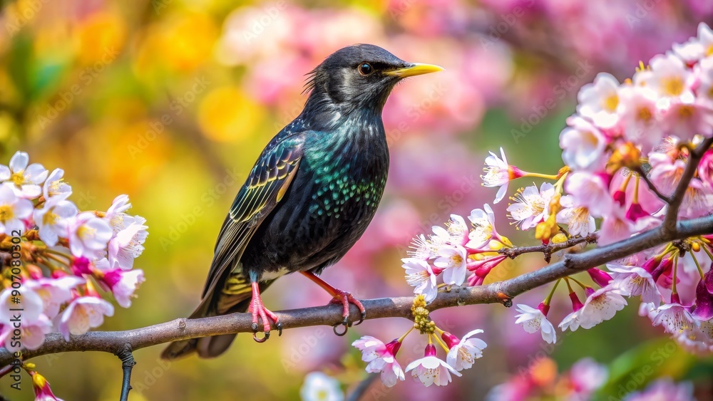 Obraz premium Starling Perched on a Cherry Blossom Branch, Wildlife Photography, Bird on Branch, Spring Bloom, Bird Watching
