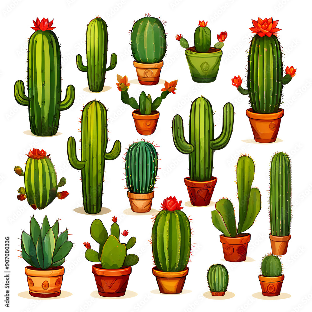 Cacti in pots as a selection with a white background Cacti in pots as a selection with a white background