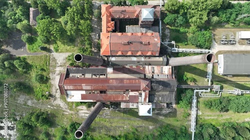Aerial drone view of the Szombierki Heat and Power Plant,  Bobrek Power Plant. Technical Monuments of the Silesian Voivodeship. Old Heat and Power Plant in Bytom, Poland.