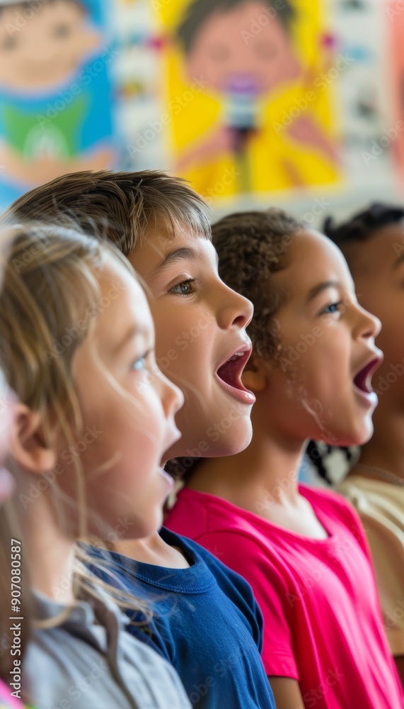 Obraz premium Joyful Children Singing in a Colorful Music Classroom - Perfect for Educational Posters and School Programs