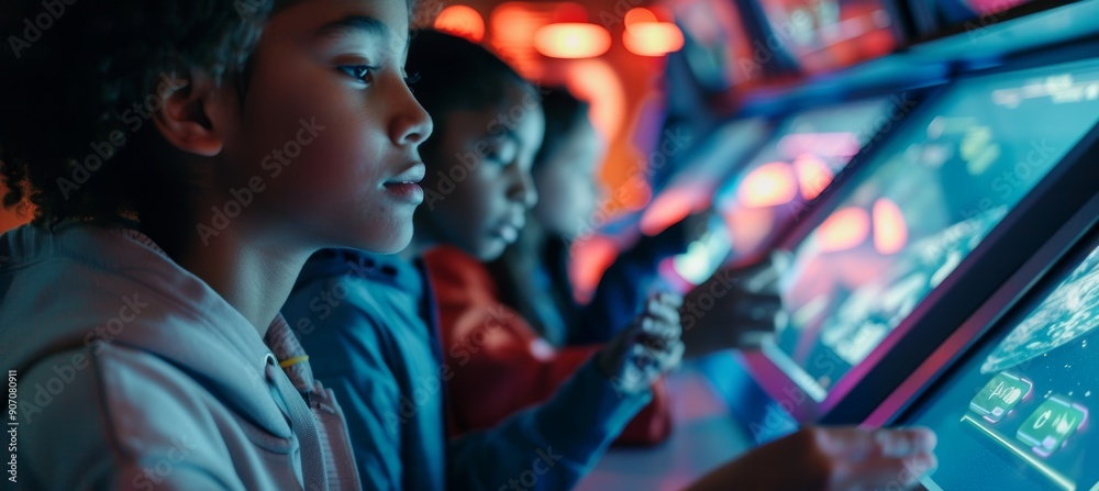 Children Engaged with Interactive Screens at a Science Museum Exhibit for Educational Learning Children Engaged with Interactive Screens at a Science Museum Exhibit for Educational Learning