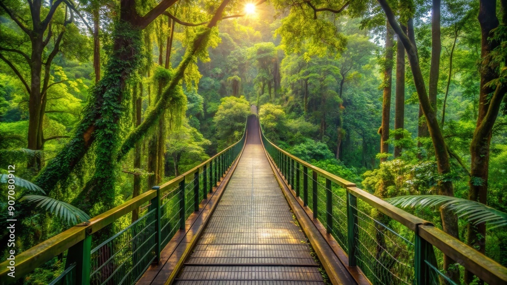 Sunlit Pathway Through a Lush Jungle, Suspension Bridge, Green Foliage, Sunbeams, Tropical Forest, Rainforest, Nature Sunlit Pathway Through a Lush Jungle, Suspension Bridge, Green Foliage, Sunbeams, Tropical Forest, Rainforest, Nature