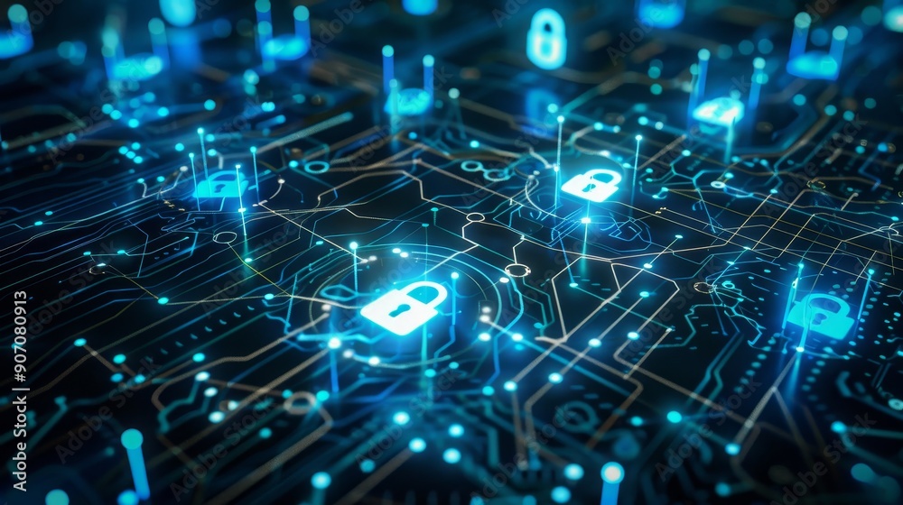 Cybersecurity Network 3D Render of a Circuit Board with glowing blue lock icons., Cybersecurity, Network Security, Data Protection, Digital Privacy Cybersecurity Network 3D Render of a Circuit Board with glowing blue lock icons., Cybersecurity, Network Security, Data Protection, Digital Privacy