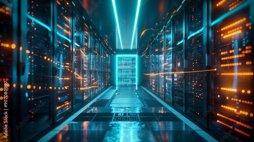 Digital Gateway Server Room with Glowing Lights and Data Stream, 3D Render, Data Center, Technology, Network, Cloud Computing Digital Gateway Server Room with Glowing Lights and Data Stream, 3D Render, Data Center, Technology, Network, Cloud Computing