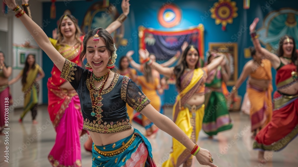 Naklejka premium Vibrant Traditional Indian Dance Class in Colorful Attire at Cultural Dance School