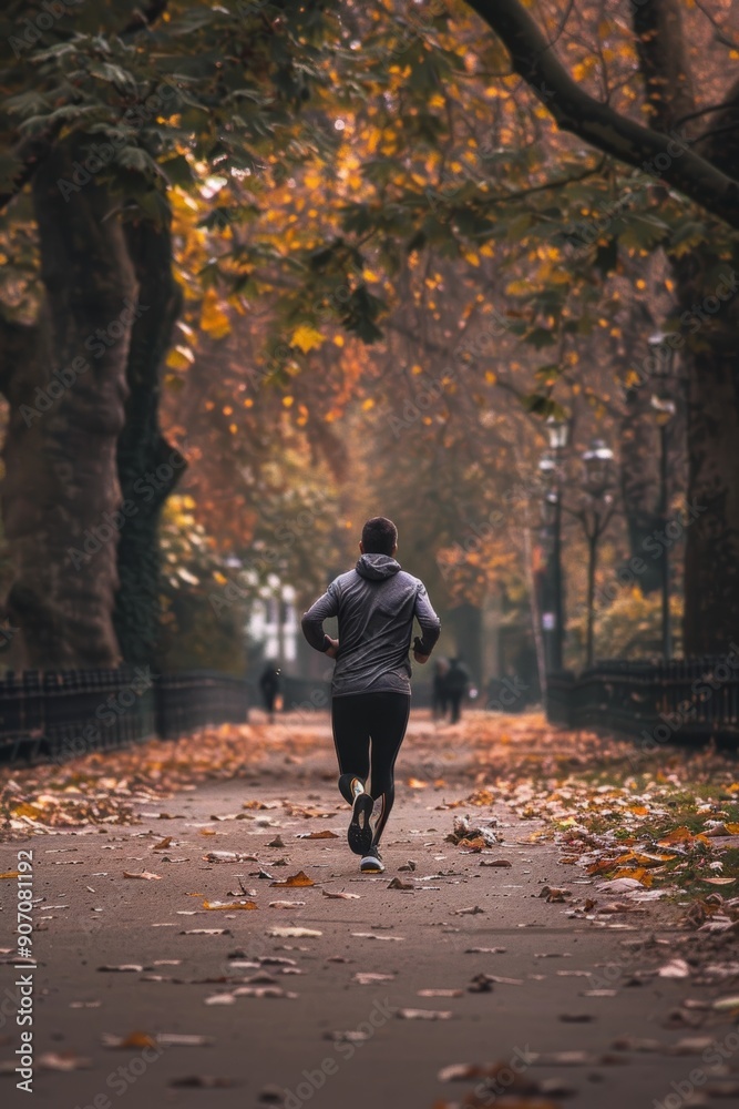 Fototapeta premium Solitary Autumn Jogger in Scenic Park - Emphasizing Fitness and Serenity with Self-Defense Awareness