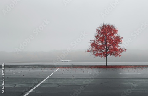 Autumn Tree With Pink Leaves in Foggy Airport Parking Lot photo