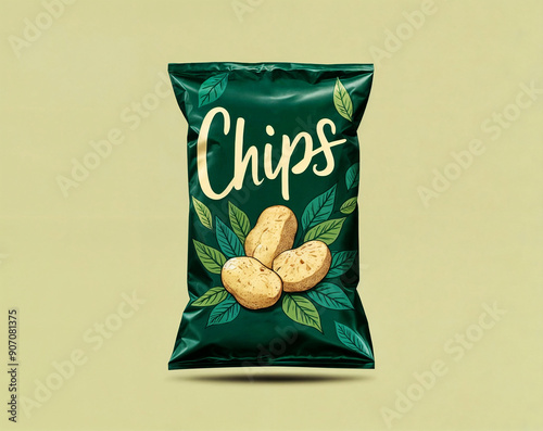 3d render illustration of a bag of green chips with a green leaf design and has label word text 