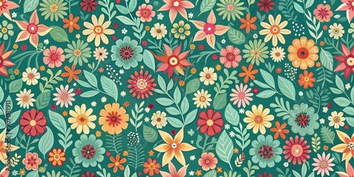 Vibrant Floral Pattern - Watercolor Style Illustration, Seamless, Green Background, Summer Flowers, Flowers, Floral, Pattern