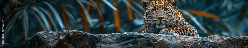 Fototapeta premium Wild Leopard Portrait on Rocks: An AI-Generated Image Capturing the Majesty of Big Cat Wildlife Photography.