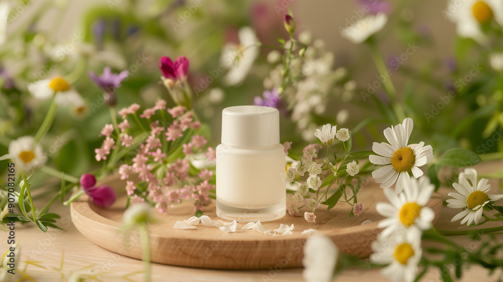 flower meadow nature product background for beauty, perfume and fashion items, created with generative AI technology flower meadow nature product background for beauty, perfume and fashion items, created with generative AI technology