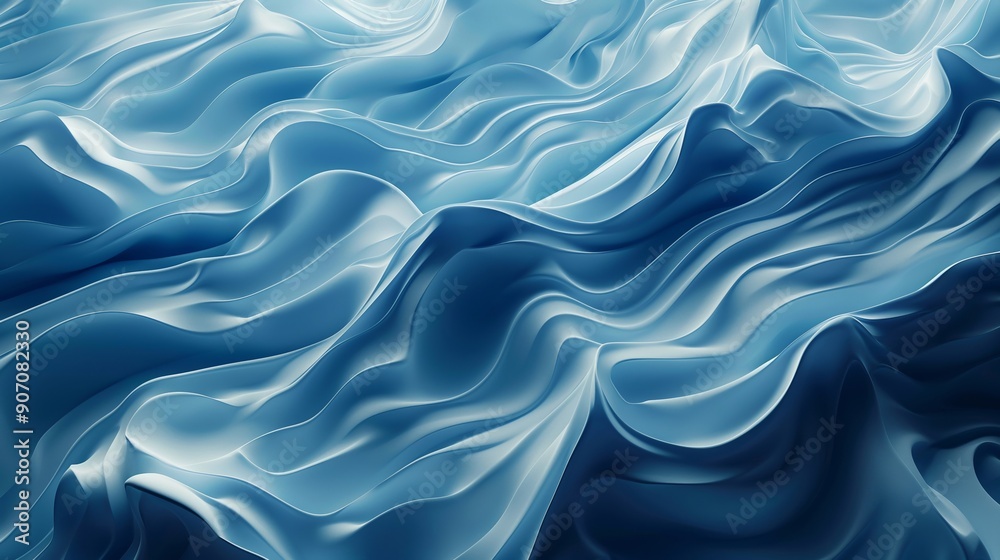 A wavy blue pattern of many smooth 3d lines. Top view background.