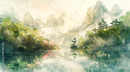 Tranquil Misty Mountain Lak...