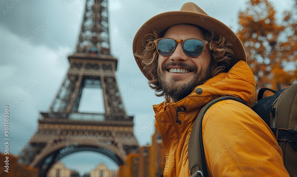 A cheerful tourist with luggage exploring the Eiffel Tower in Paris, France, embodies the essence of travel and vacation lifestyle. A cheerful tourist with luggage exploring the Eiffel Tower in Paris, France, embodies the essence of travel and vacation lifestyle.