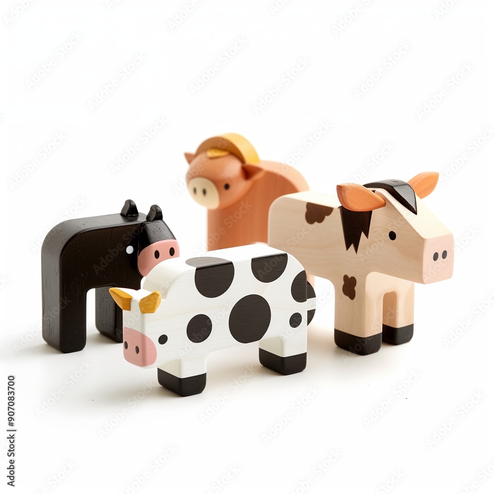 Wooden animal toys including a horse a cow and a pig isolated on white background Wooden animal toys including a horse a cow and a pig isolated on white background