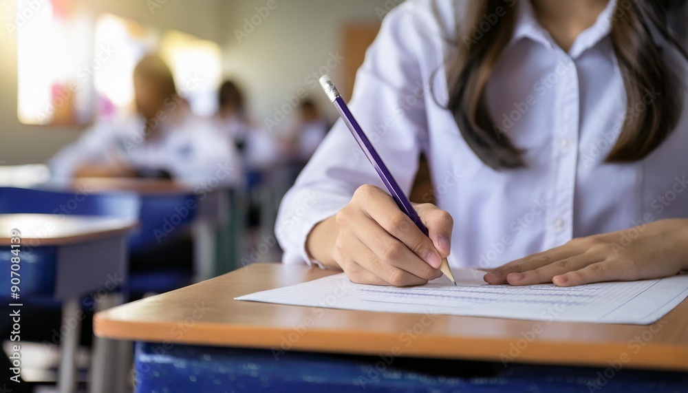 Students looking at exams, students writing by hand Students looking at exams, students writing by hand