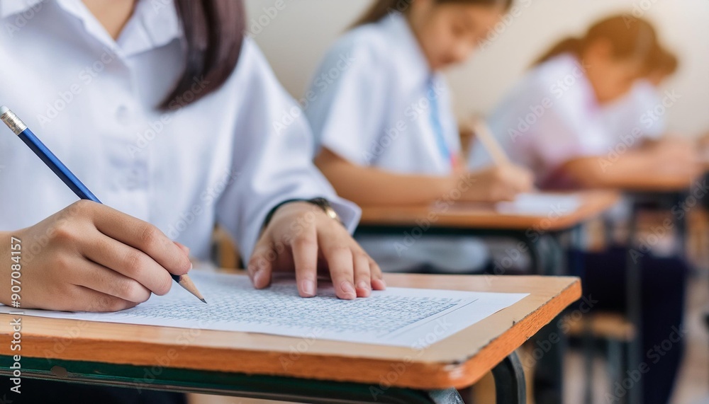 Students looking at exams, students writing by hand Students looking at exams, students writing by hand