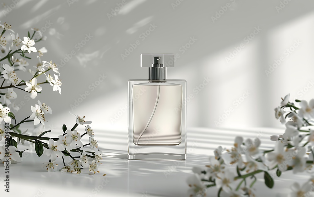 Perfume bottle with flowers and leaves on white background, flat lay Perfume bottle with flowers and leaves on white background, flat lay