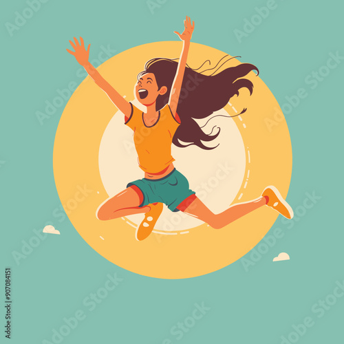 Young girl jumping high, expressing joy freedom against teal sky background, hair blowing wind. Cartoon character sports casual attire, sneakers, shorts, tshirt, lively carefree pose. Cheerful