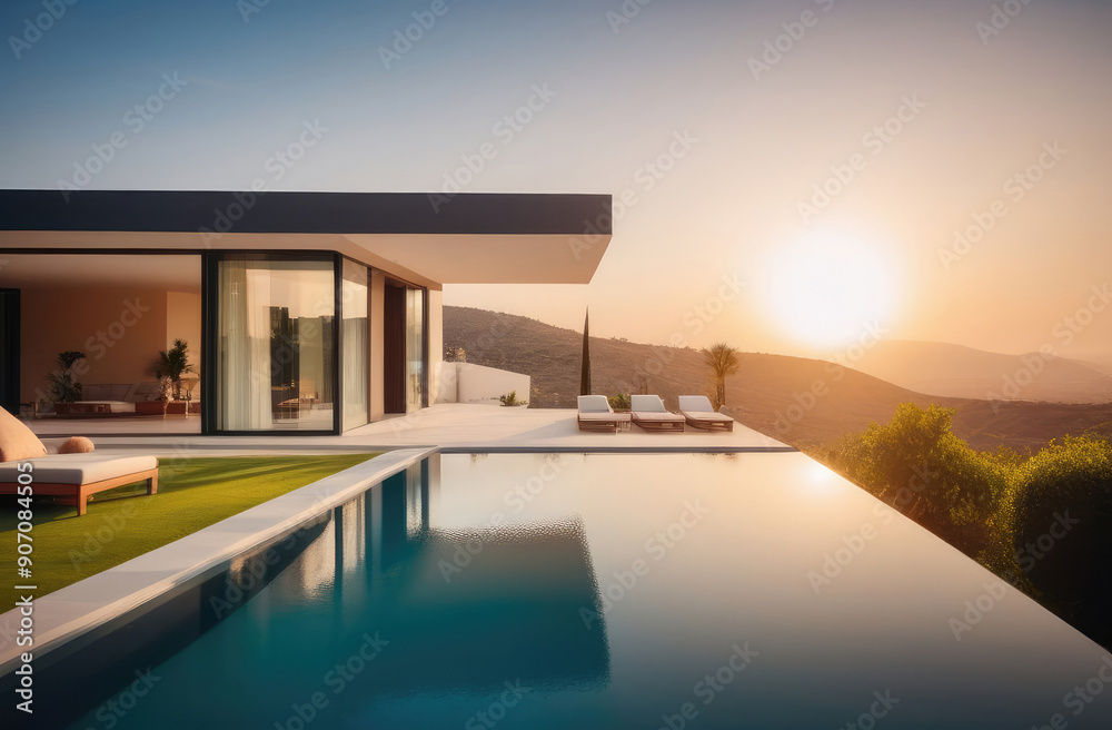 Fototapeta premium luxurious property with private pool and expansive terrace for restful vacation, real estate concept