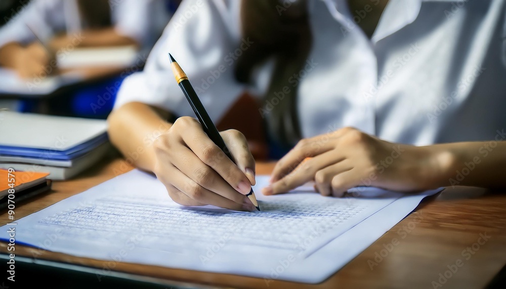 Students looking at exams, students writing by hand Students looking at exams, students writing by hand