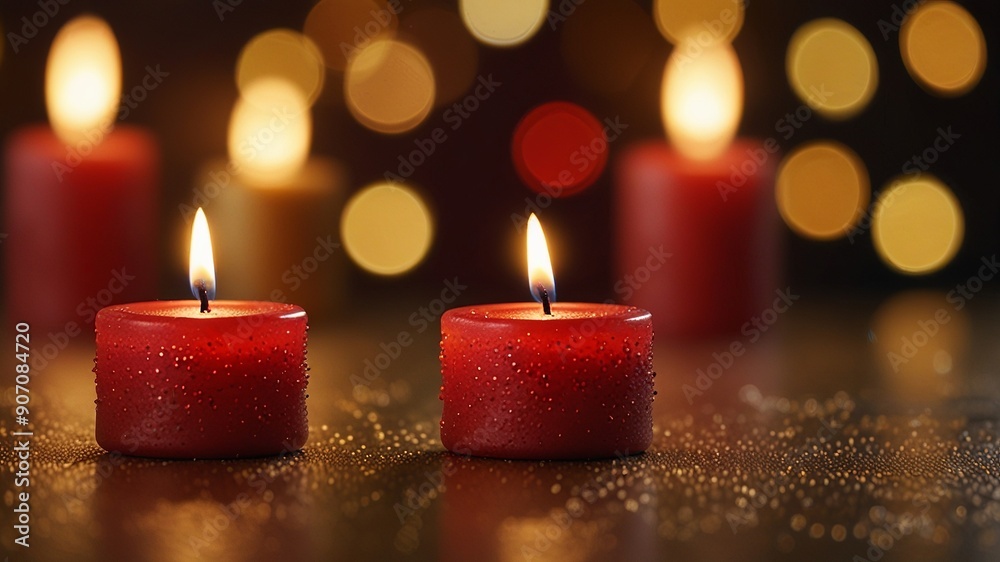Burning red small candles on a golden background with blurred bokeh in the background. Holiday and romantic atmosphere Burning red small candles on a golden background with blurred bokeh in the background. Holiday and romantic atmosphere