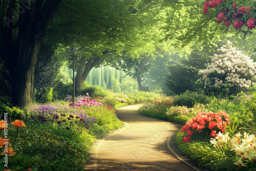 a tranquil garden path lined with flowers and trees photo