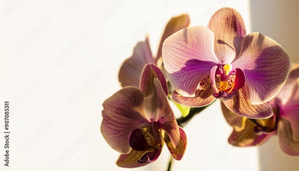 Purple orchid flower phalaenopsis, phalaenopsis or falah on a white background. Purple phalaenopsis flowers on the right. known as butterfly orchids. Selective focus. There is a place for your text. Purple orchid flower phalaenopsis, phalaenopsis or falah on a white background. Purple phalaenopsis flowers on the right. known as butterfly orchids. Selective focus. There is a place for your text.