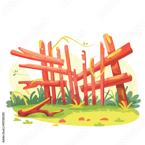 Fallen wooden fence cartoon illustration, bright colors, sunny day. Damaged wood barrier amid green foliage, outdoors. Broken fence panels scattered grass, illustration destruction vandalism