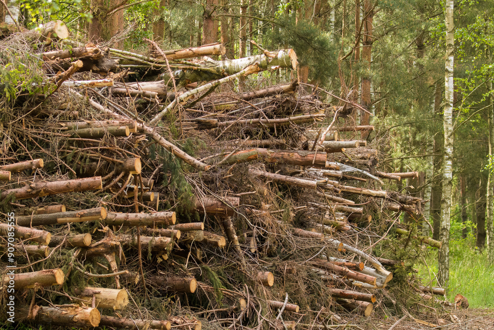 A pile of branches (Frangula alnus) after forest logging, stacked in tall heaps along the side of a forest road. The thick branches create a raw, sensual landscape of nature after human intervention. A pile of branches (Frangula alnus) after forest logging, stacked in tall heaps along the side of a forest road. The thick branches create a raw, sensual landscape of nature after human intervention.