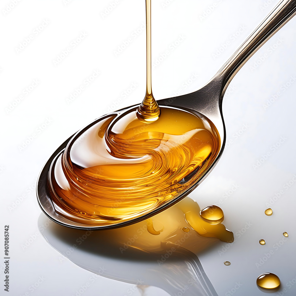 Golden honey swirling on a spoon, solid white background