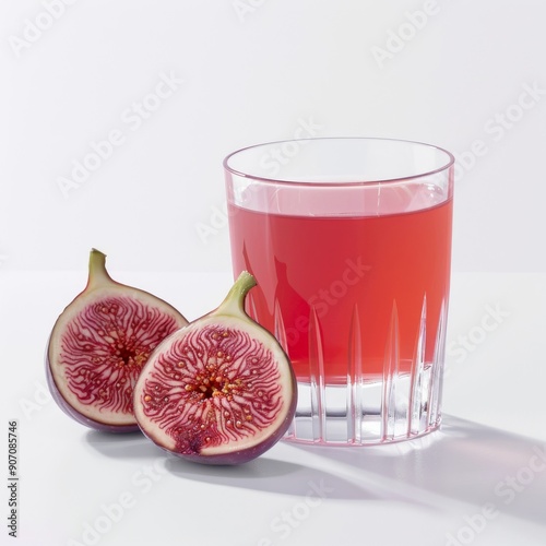 Medium shot of Figs juice in a glass near the Figs, isolated on a white background, 