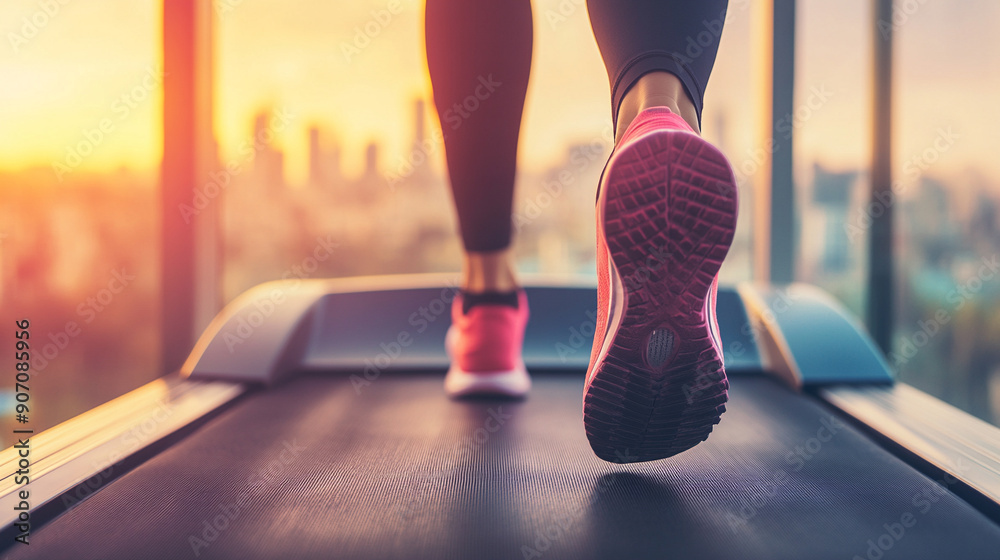 woman's feet running on a treadmill, symbolizing fitness, determination, and a healthy lifestyle. The image captures the motion and dedication involved in regular exercise. woman's feet running on a treadmill, symbolizing fitness, determination, and a healthy lifestyle. The image captures the motion and dedication involved in regular exercise.