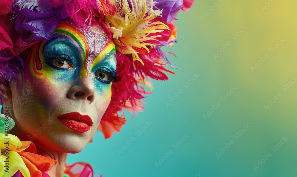 Drag queen with heavy makeup and colorful feathers, expressive look. Free copy space for text. Drag queen with heavy makeup and colorful feathers, expressive look. Free copy space for text.