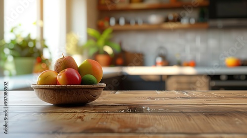 Rustic wooden table with a blurred kitchen background. A fruit bowl is on the table.