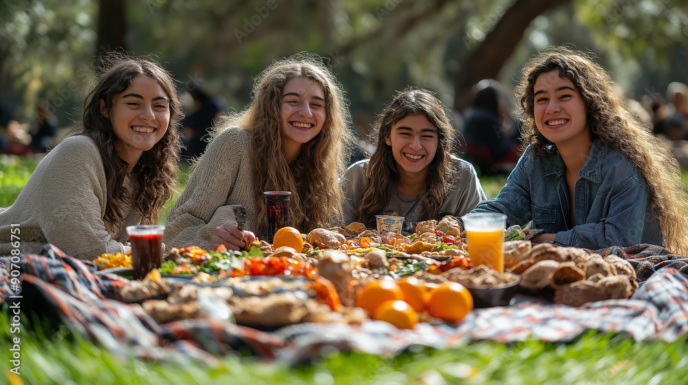 A telephoto angle photo of first-year students enjoying a picnic together in a park, with a mix of food and drinks spread out, with copy space A telephoto angle photo of first-year students enjoying a picnic together in a park, with a mix of food and drinks spread out, with copy space