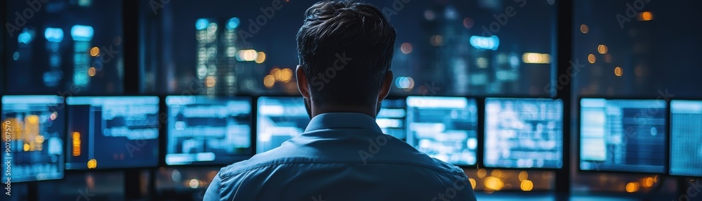 A person monitors multiple screens displaying data and graphics at night, with a city skyline illuminated in the background A person monitors multiple screens displaying data and graphics at night, with a city skyline illuminated in the background