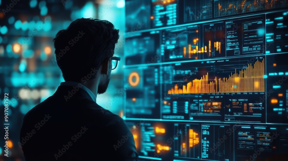 A business professional analyzes data on a digital screen filled with colorful graphs and statistics, representing data-driven decision-making in a modern workspace A business professional analyzes data on a digital screen filled with colorful graphs and statistics, representing data-driven decision-making in a modern workspace