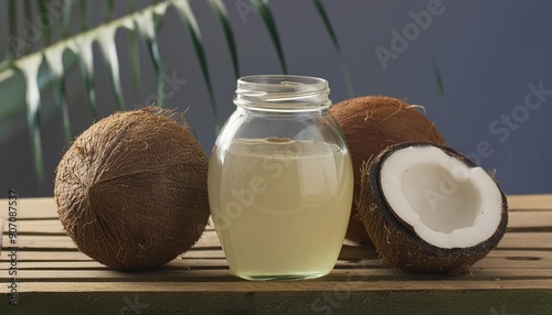 coconut oil in a glass jar with coconut balls beside it, isolated on clean background. Showcasing the natural beauty and health benefits of this versatile ingredient