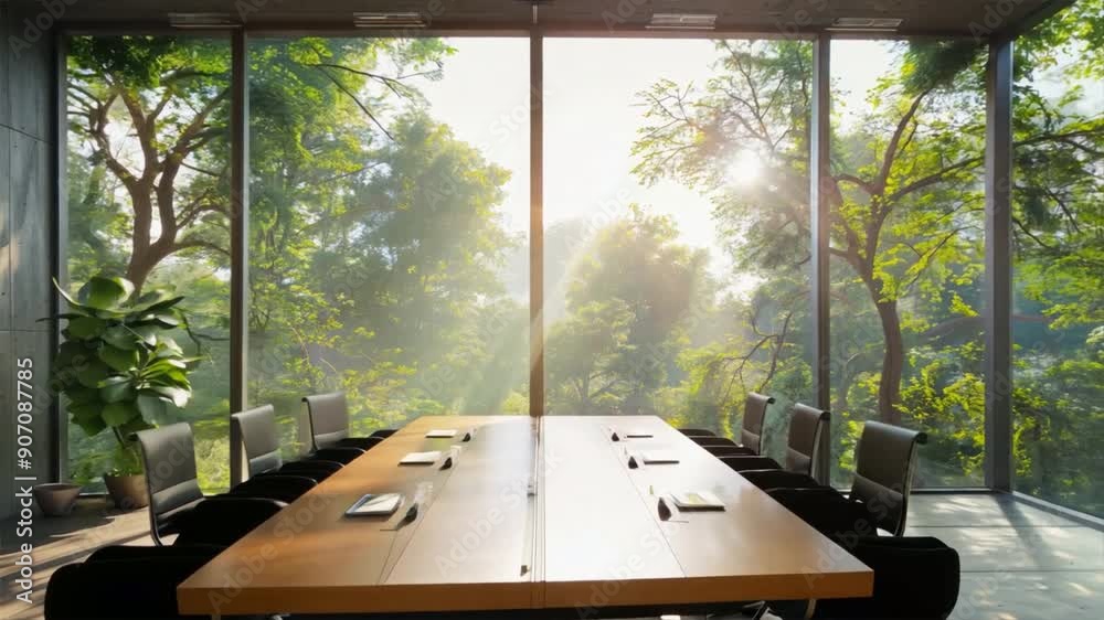 Conference room with a large window view of trees outside, blending nature with the workspace.