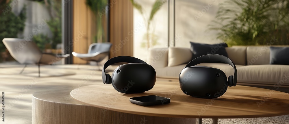 A modern living space features two sleek black VR headsets on a round wooden table, accompanied by a smartphone, surrounded by natural light and contemporary decor A modern living space features two sleek black VR headsets on a round wooden table, accompanied by a smartphone, surrounded by natural light and contemporary decor