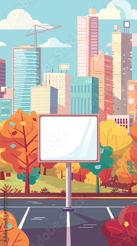 Urban cityscape modern skyscrapers, construction crane, billboard, autumn trees. Cartoon style city parking lot, colorful foliage, empty advertisement board. Clear blue sky, fall urban scene diverse