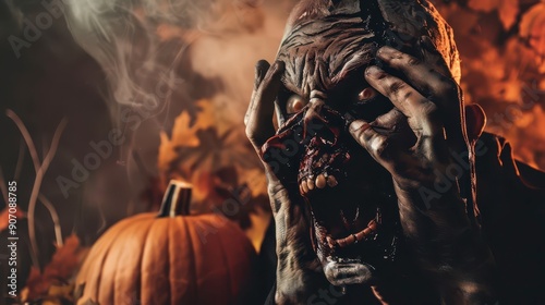 Terrifying Zombie Mask in Haunted Autumn Setting With Pumpkins