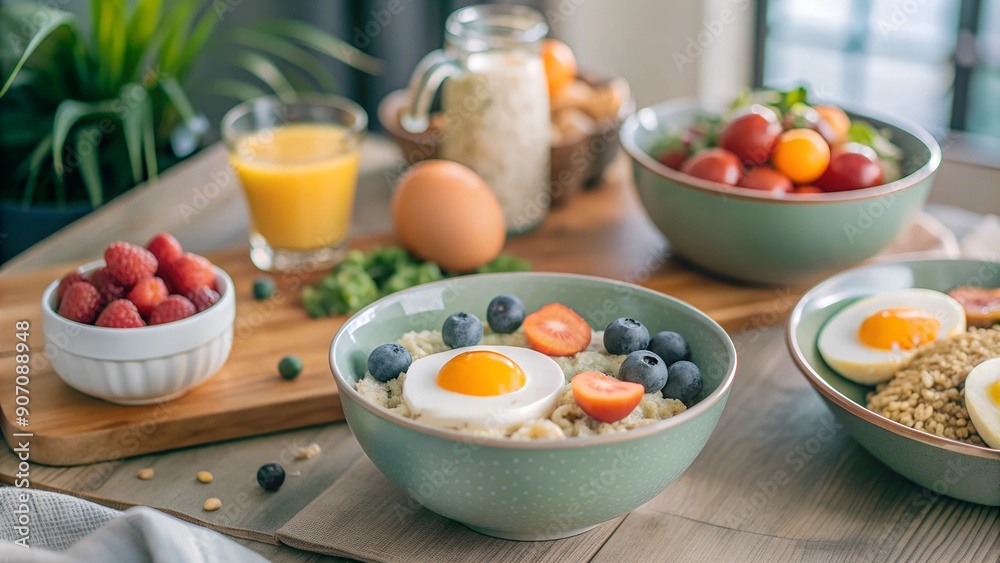 Healthy breakfast with oatmeal, eggs, and fruit Healthy breakfast with oatmeal, eggs, and fruit