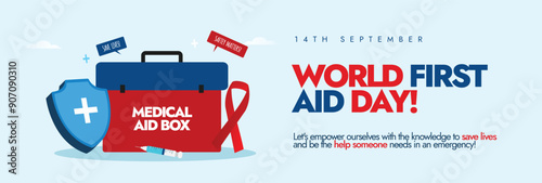 World First Aid Day. 14th Sept First Aid day cover banner with a medical box, protection shield, red ribbon. The day raise awareness about the value of first aid, its role in saving lives in emergency