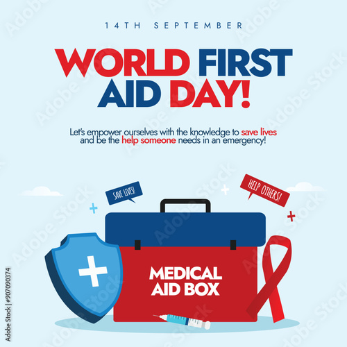 World First Aid Day. 14th Sept First Aid day banner with a medical box, protection shield, red ribbon. The day raise awareness about the importance of first aid, its role in saving lives in emergency.