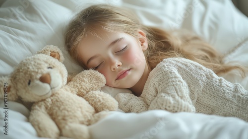 Comforting Rest: Girl Asleep in White Bed with Her Favorite Plush Toy