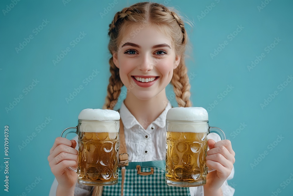 Beautiful young woman in traditional Bavarian dress holding two beer mugs with foam, isolated on a blue background Beautiful young woman in traditional Bavarian dress holding two beer mugs with foam, isolated on a blue background