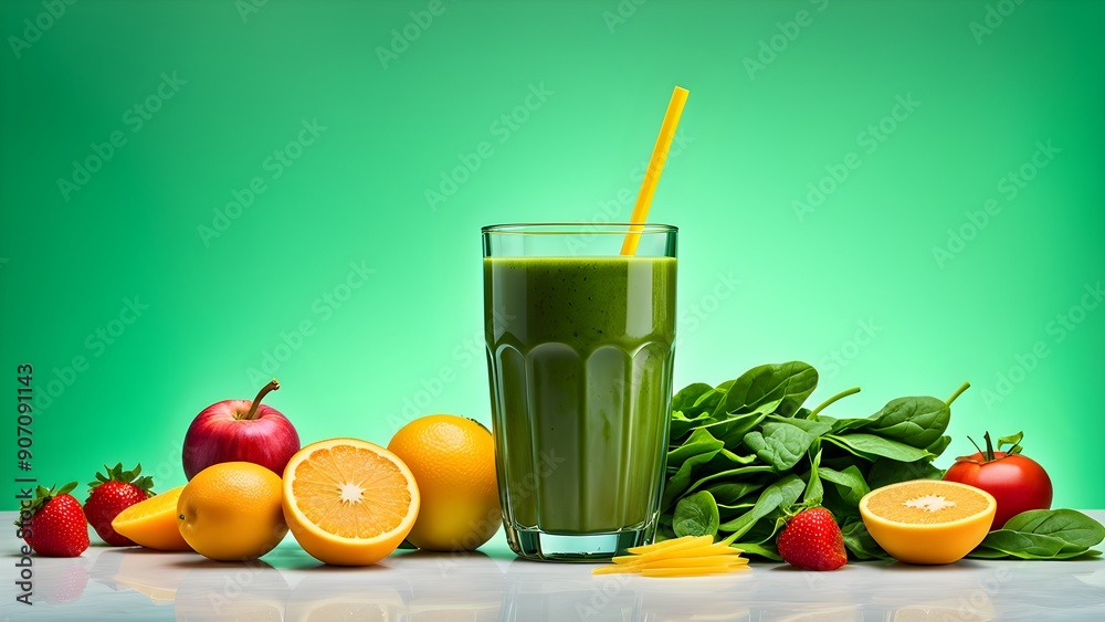 A glass of green juice is on a table with a variety of fruits and vegetables A glass of green juice is on a table with a variety of fruits and vegetables